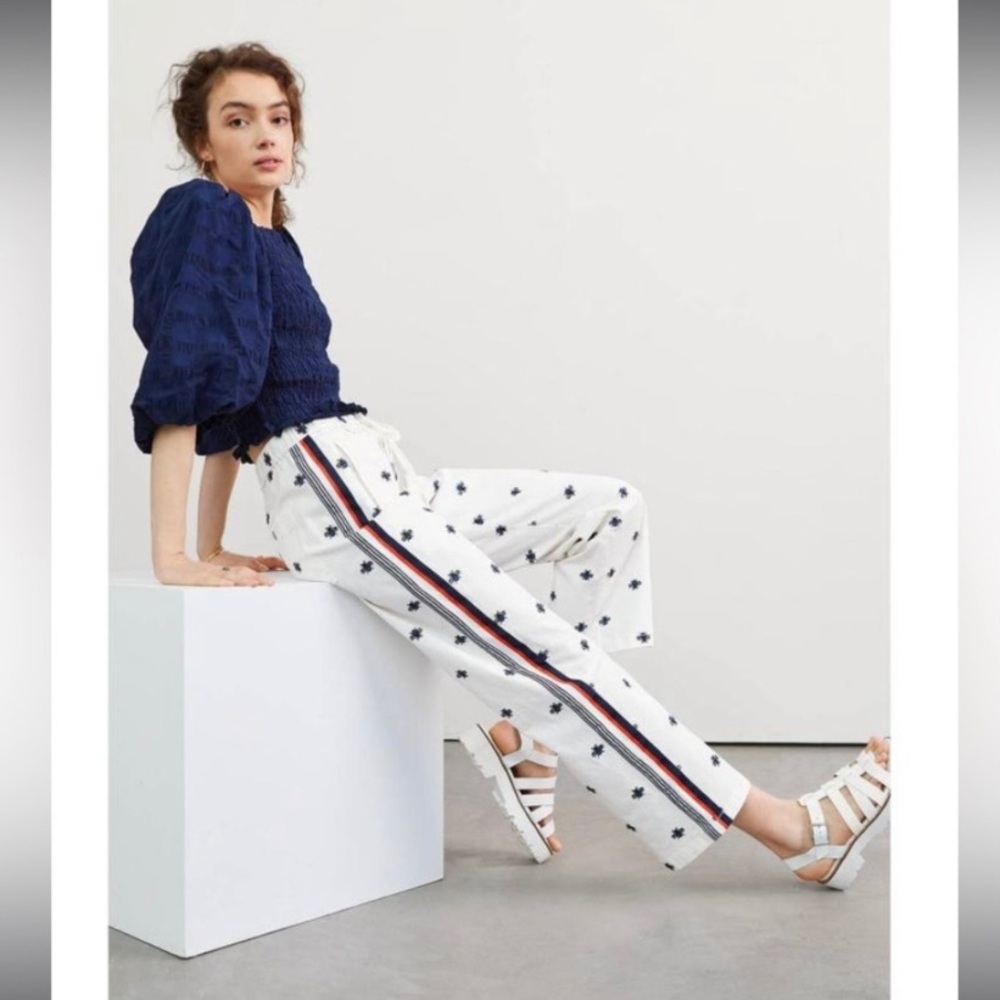 Maeve (Anthropology) Bee Embroidered Pinstriped Straight Cut Ankle Length Pants